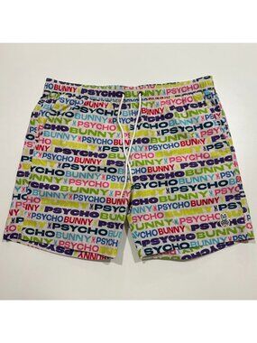 Psycho Bunny Tyrian Mesh Lined Swim Trunks 6" Size L Spell Out Logo White NWOT